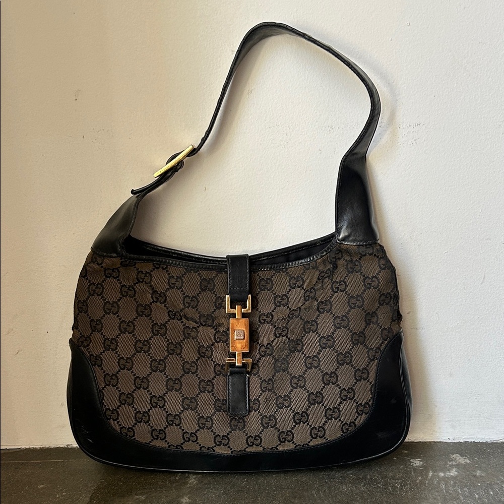 Gucci Black and Brown Monogram Hobo Bag Jackie Piston Lock Vintage